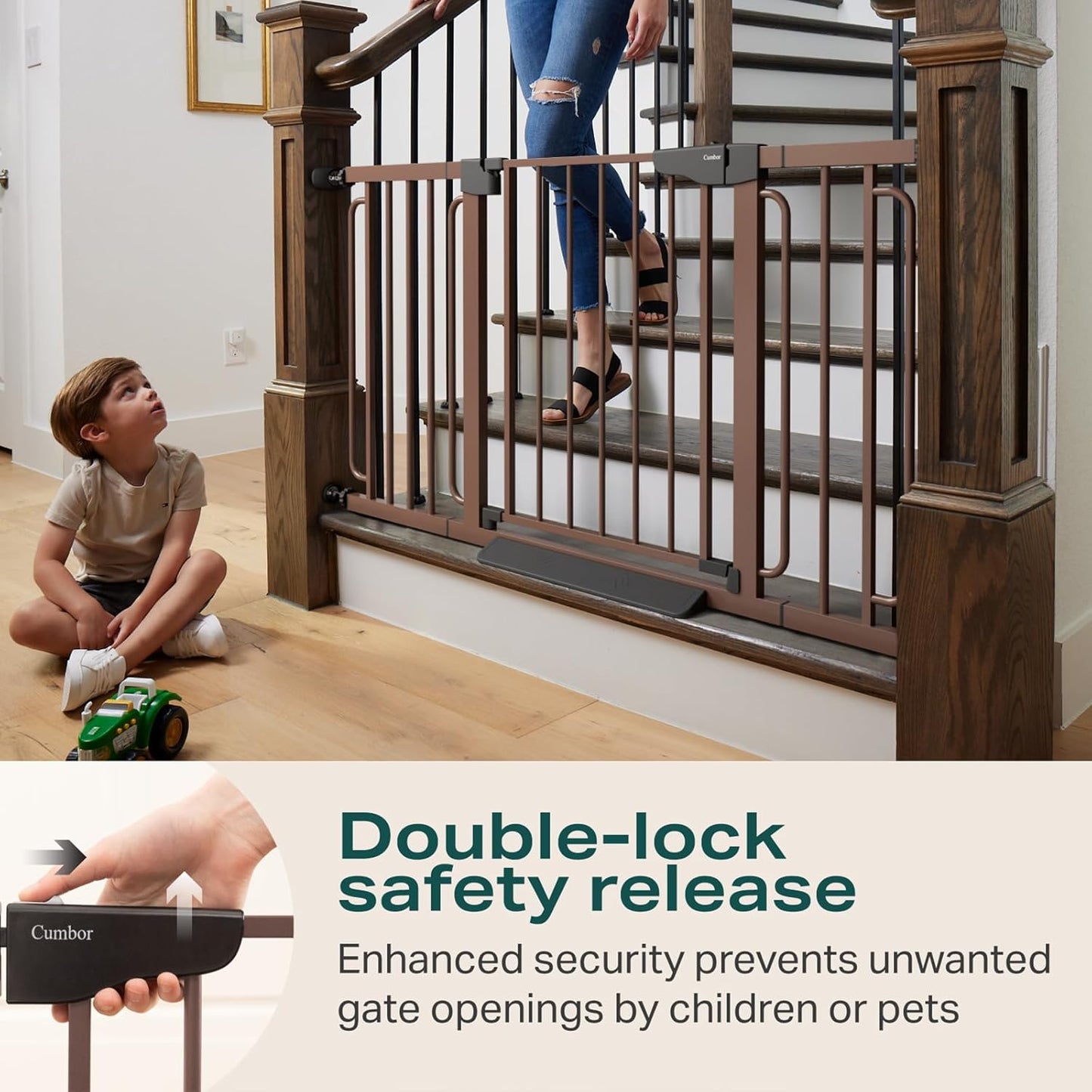 Cumbor 29.7-57" Extra Wide Baby Gate for Stairs, Mom's Choice Awards Winner-Dog Gate for Doorways, Pressure Mounted Walk Through Safety Child Gate for Kids Toddler, Tall Pet Puppy Fence Gate, Brown