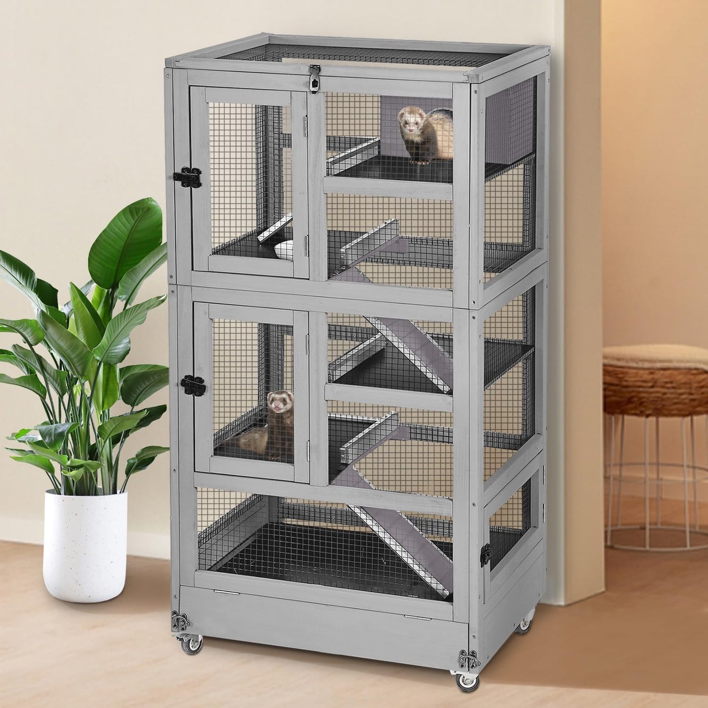 Large Ferret Cage, Chinchilla Cage with 5 Levels, Wooden Guinea Pig Cages with Wheels, Small Animal Cages with Ramp, Hideout, Pull Out Tray, for Rat, Hamster, Hedgehog