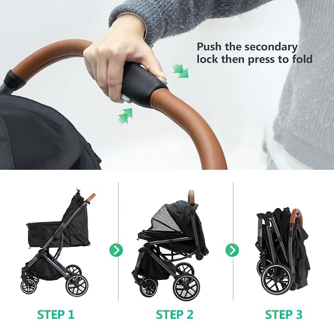 Pet Stroller for Small/Medium Dogs & Cats Up to 50 lbs, 4-Wheel One-Click Foldable Pet Stroller with Reversible Handle, Removable Pad, Cup Holder and Storage Basket (Black)