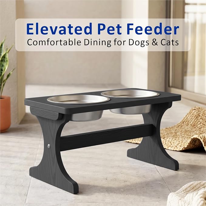 Raised Dog Bowl Stand for Medium Breed, Feeding Station with 35 oz 2 Stainless Steel Bowls & Licking Plate,Dog Food Bowl Black