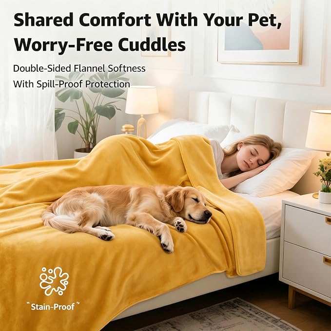 LOOBANI Yellow Waterproof Blanket for Bed, Flannel King Size 85"x108" | Double-Side Leak-Proof, Reversible, Stain-Proof Cover for Sofa Bed Protection, Ideal for Rest Movie Time, Camping, Travel