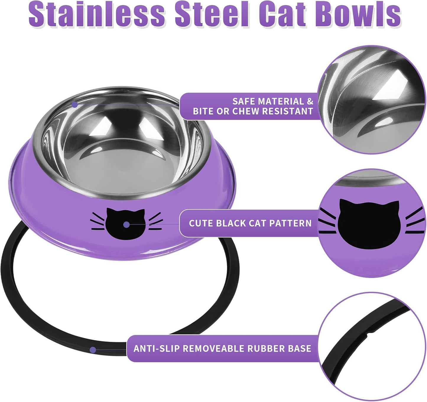 3Pcs Cat Bowls, Non-Slip Stainless Steel, 7 Oz, Suitable for Indoor Pets, Removable Rubber Base, Lovely Color