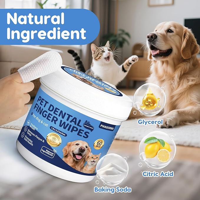 Dog Dental Care Wipes - 60Ct Tooth Brushing kit, Heavy Duty Teeth Cleaning for Dogs & Cats, Remove Tartar & Plaque, Dog Breath Freshener, Dog Toothbrush & Toothpaste Alternatives (Coconut)