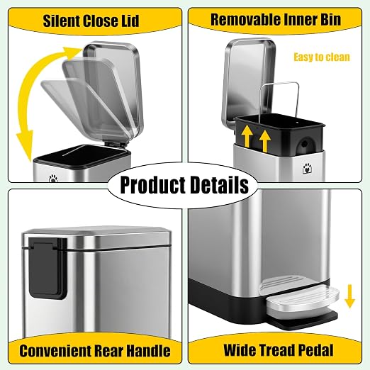 Dog Poop Trash Can Outside,3Gal Metal Outdoor Trash Can,Outdoor Dog Poop Trash Can with Lid for Odor Control - Includes Poop Scooper for Dogs & Bin Bag Holder (Silver)