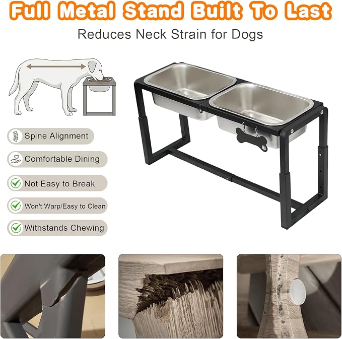 Metal Elevated Dog Bowls Medium/Large Breed with 2 Thick 1.2GAL Stainless Steel Raised Dog Bowl, Adjustable Height 3 Levels (8.8"-11.5"-14") Neck & Joint Protection