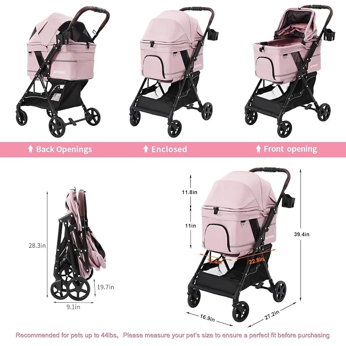 No-Zip Pet Stroller for Small Dogs & Cats, 44 lb, Pink | No-Zip Canopy, 44 lb Capacity, Reflective Trim, 2 Tethers, Lockable Front Wheels, Rear Brake and One-Hand Fold