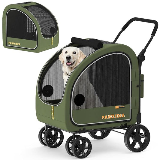 PAWZIDEA 3-in-1 Dog Stroller for Large Dogs with Detachable Carrier, 45% Extra Tall Dog Car Crate up to 100lb Sit Upright, Foldable Pet Stroller for 2 Medium Dogs All-Terrain Jogger, Adjustable Handle