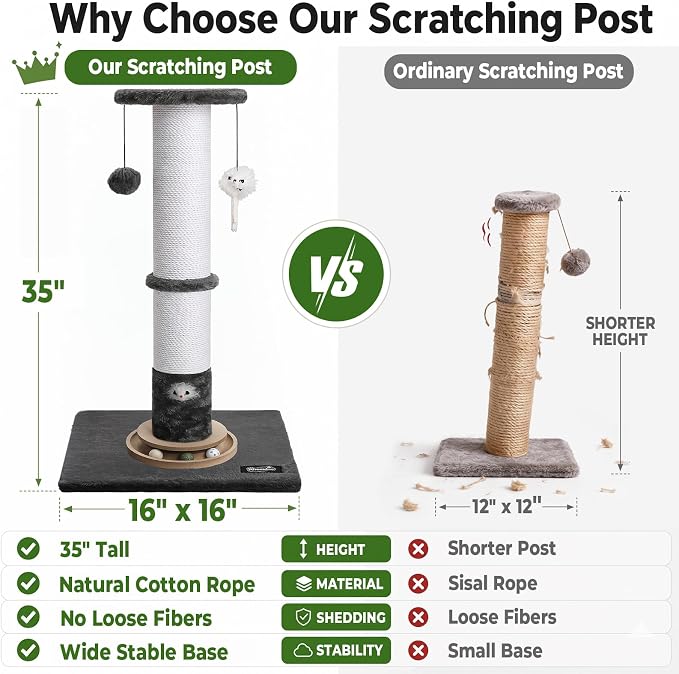 35-Inch Tall Cat Scratching Post, Stable Base for Large Cats, Gray | Heavy-duty, soft natural cotton rope cat scratcher, interactive cat toys, wooden ball track, for kittens and indoor cats