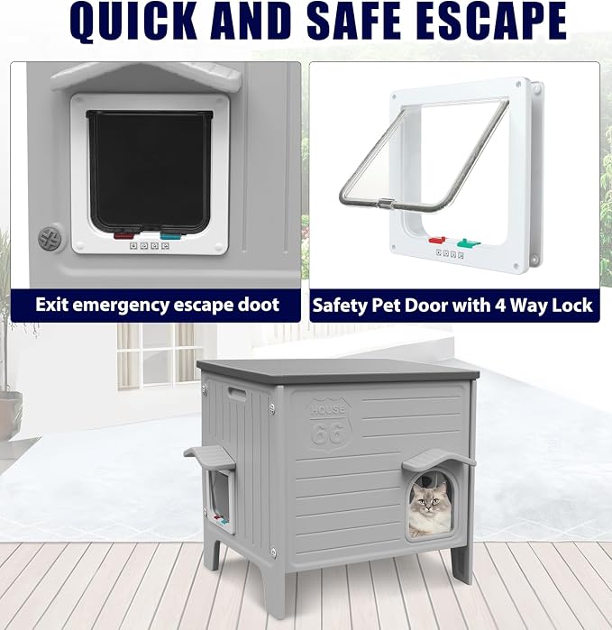 Plastic Cat House Outdoor & Indoor, Waterproof Feral Cat Houses | with Escape Door, Waterproof Outdoor Cat Shelter for Feral Stray Cat Kitty, Assemble Easily