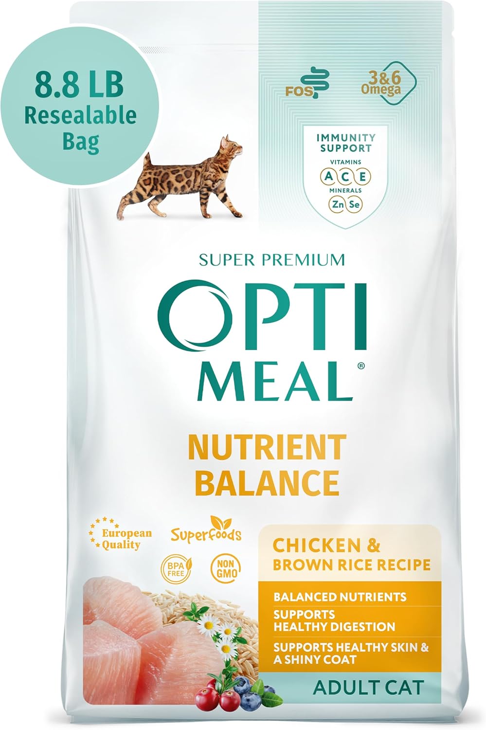 Optimeal Dry Cat Food - Healthy Balanced Nutrition for Immunity Support, Premium Nutrition Made with Natural Ingredients for Adult Cats, (8.8 lbs, Chicken & Brown Rice)
