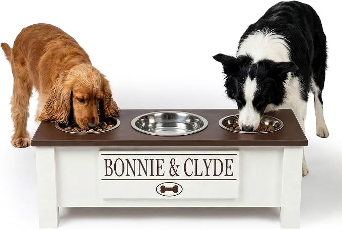 3 Bowl Dog Feeding Station, Personalized Triple Bowl Food Stand Medium Dogs | Farmhouse Style, Elevated Wood Stand, Storage Container, Stainless Steel Bowls, Raised Anti-Slip Feeder, Made in USA