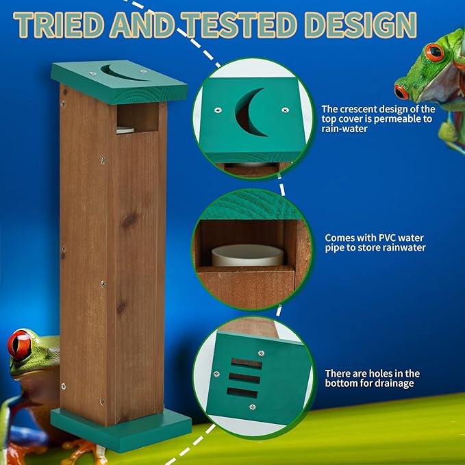 Tree Frog House for Many Species of Tree Frogs, Deluxe Wood Tree Frog Nest Frog Habitat Frog Shelter for Outside Garden, Indoor Breeding (Brown)