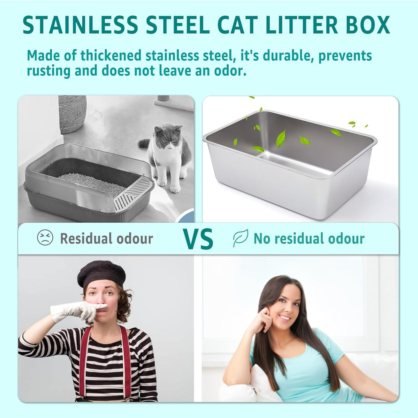 Stainless Steel Litter Box,Metal Litter Box for Big Cats 8IN Deep, Cat Litterbox 2 Pack Easy to Clean-High Sided,Stainless Steel CatLitters Box for Adult Cats,Non Stick, No Smell
