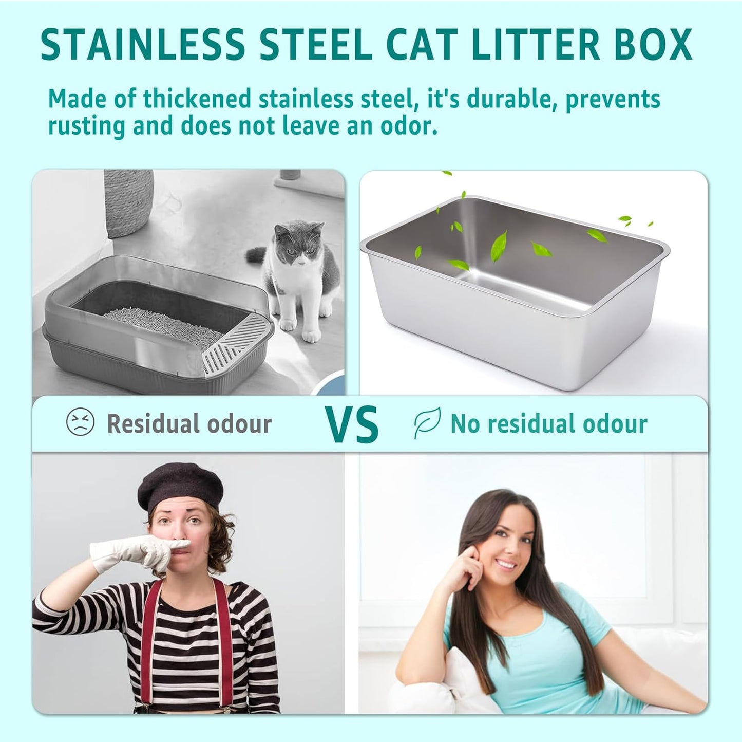 Stainless Steel Litter Box 2 Pack，Metal Litter Box Easy to Clean,Cat Litterbox Supplies for Kitten, Kitty, Rabbit, 6" High Side Cat Litter boxs,Stainless Steel LitterBox, No Smell,Non Stick
