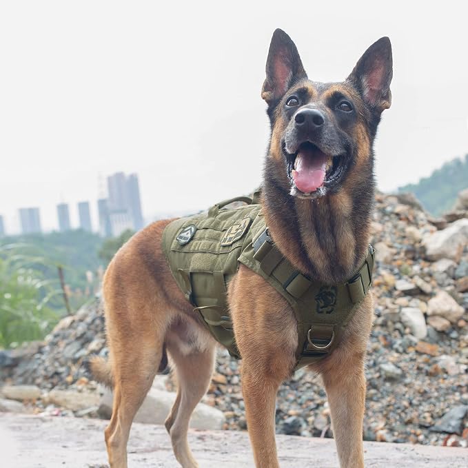 OneTigris Large Tactical Dog Harness, No Pulling Adjustable Dog Vest Harness, Heavy Duty X Destroyer Dog Harness with Handle, Large Hook and Loop Panels for Patch Green
