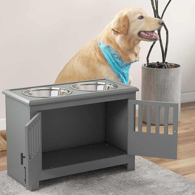 PawHut Large Elevated Dog Bowls with Storage Cabinet, 37L Gray | Raised Dog Bowl Stand Pet Food Bowl Dog Feeding Station