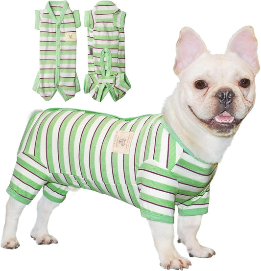 TONY HOBY Dog Pajamas, Male Dog Jumpsuit with Green Stripe, Dogs Clothes for Small Medium Size Dogs (Green&White, Boy, XL)