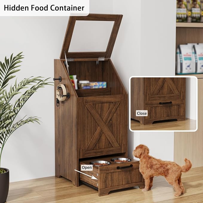 Dog Feeding Station with 2 Elevated Bowls, Dog Food Storage Cabinet with Pet Toy Organizer and Flip Top Pet Feeding Station,Hidden Pet Feeder Station for Cats and Dogs(Walnut)