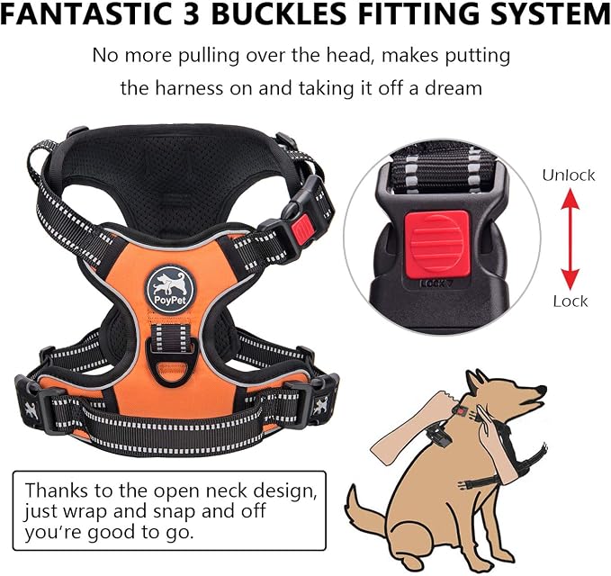 PoyPet No Pull Dog Harness Small with Front Clip & Neck Release Buckle | No Choke, Adjustable Vest, Reflective, Back Clip, Lockable, Soft Padded, Easy Control Handle for Walking Training, S, Orange