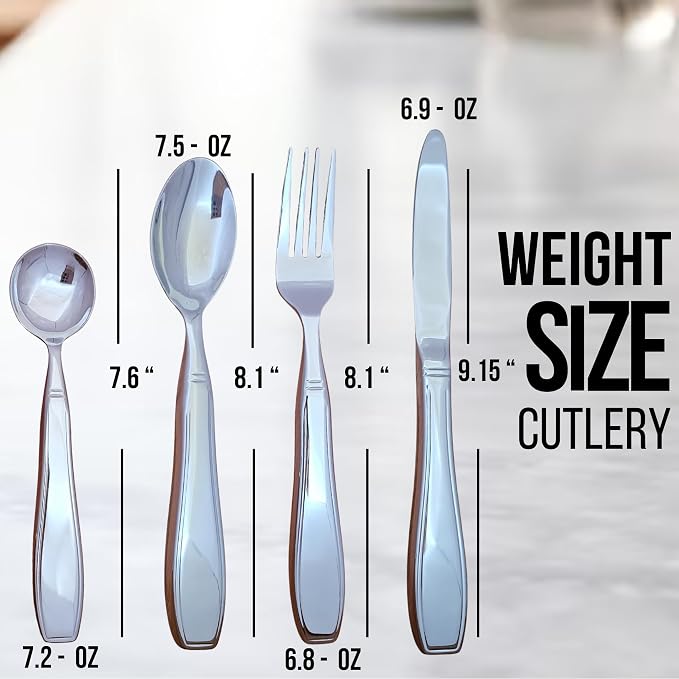 weighted utensils for hand tremors | weighted utensils for tremors and parkinsons patients | Set 4 Piece with Universal Cuff easy grip & cover | Elegant weighted silverware with Gift Box