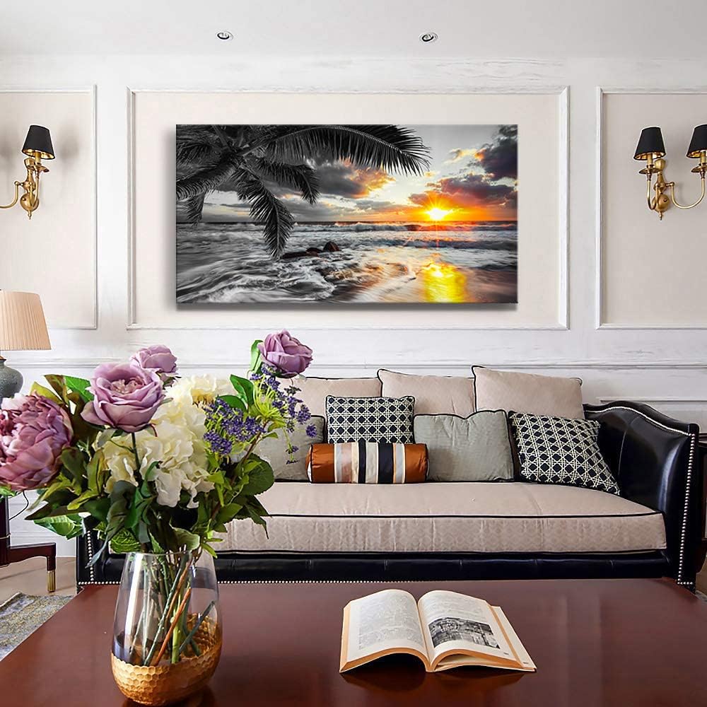 Yxbhhym-Black and White Wall Art Beach Décor Large Ocean Canvas Pictures Wave Sunrise Seascape Print Painting Palm Poster Sea Artwork for Office Wall Art Bedroom Accessories Living Room Décor