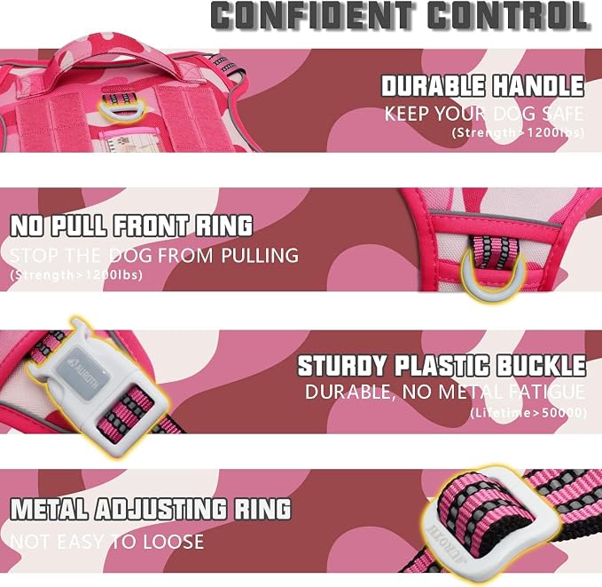 Auroth Tactical Pet Harness for Small Medium Large Dogs No Pull Adjustable, Reflective K9 Working Training Easy Control Vest Military Service Dog, Medium, Pink Camo