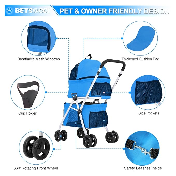 Double Dog Stroller with 2 Detachable Carrier, Portable Pet Stroller for Small Dogs & Cats Folding Lightweight Puppy Travel Carriage, 4 Wheels, Azure