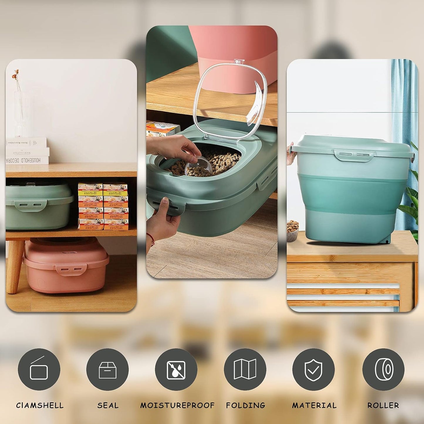 Cereal Rice Food Storage Containers, Collapsible 20 to 50 Lbs Dispenser Bin with Rolling Wheel Airtight Locking Lid, Dog Pet Cat Flour Sugar Plastic Leakproof Sealable Large Kitchen Pantry Holder