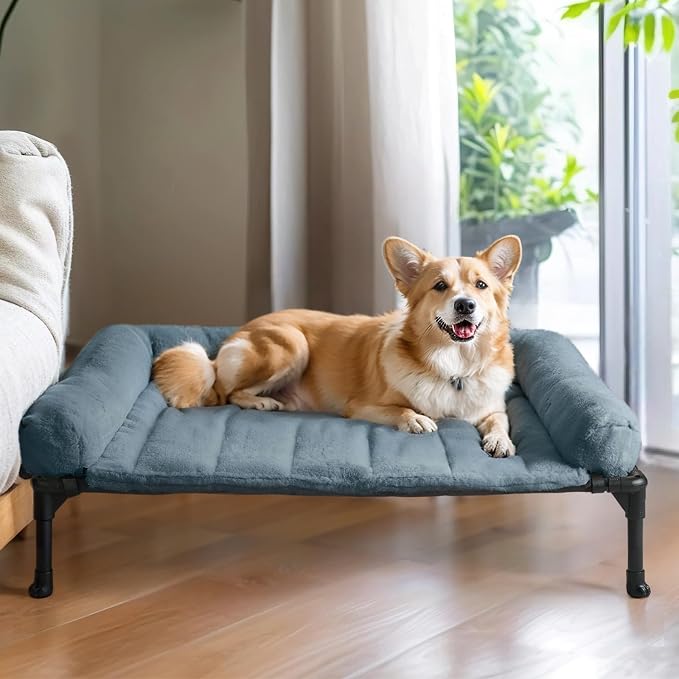 Veehoo Elevated Dog Beds Medium Sized Dog with Fluffy Plush Bolster Cushion | Orthopedic Raised Dog Beds for Indoor Outdoor, Soft Pet Sofa Cot with Removable Washable Mat, No-Slip Feet, 32" x 25", Blue