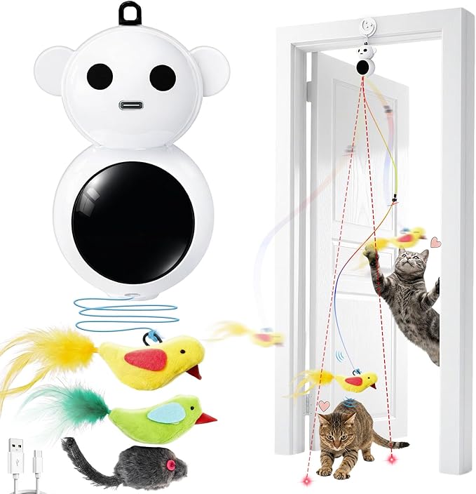 Interactive Cat Toys for Indoor Cats - 2 in 1 Automatic Laser Pointer Cat Toy with Feather Flying Bird，Smart Moving Mouse Wand Toy with 2 Modes, Auto On/Off Hanging Toys for Bored Kitten & Adult Cats