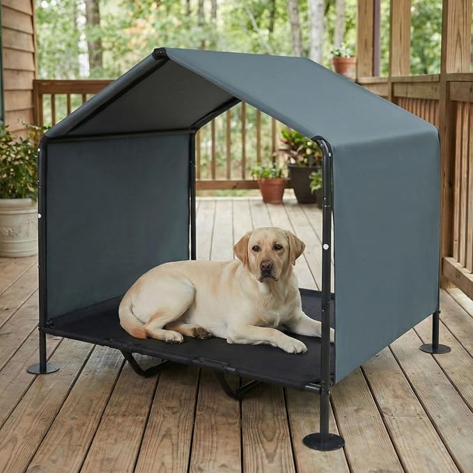 Large Dog House with Elevated Dog Bed, Waterproof Dog Shade with Back Cover | Portable Outdoor Dog Tent for Medium/Large Dogs, Sun & Rain Protection Canopy for Camping/Patio/Yard, Ground Stakes Included
