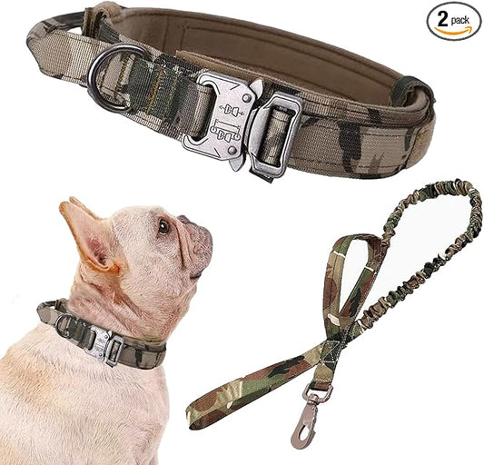 Tactical Dog Collar and Leash Set for Large Dogs with Control Handle，Camo | 1000D Heavy-Duty Nylon Fabric,Quick-Release Metal Buckle,Adjustable Fit,Soft-Padded Webbing,D-Ring,for Training & Hiking,S
