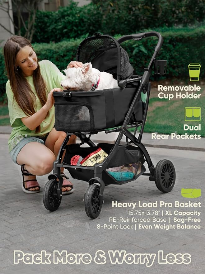 Small Dog Stroller, Pet Stroller for Small Dogs, 5-in-1 Dog Strollers - Fold All in One Without Detaching Carrier, Pet Strollers with Removable Waterproof Carrier for Dogs Cats 10 lbs 20 lbs, Black