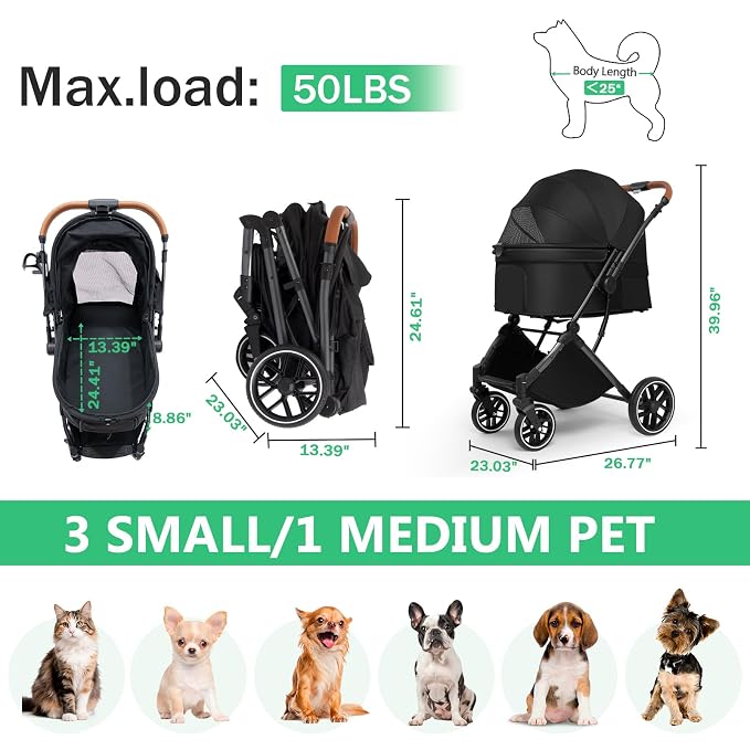Pet Stroller for Small/Medium Dogs & Cats Up to 50 lbs, 4-Wheel One-Click Foldable Pet Stroller with Reversible Handle, Removable Pad, Cup Holder and Storage Basket (Black)