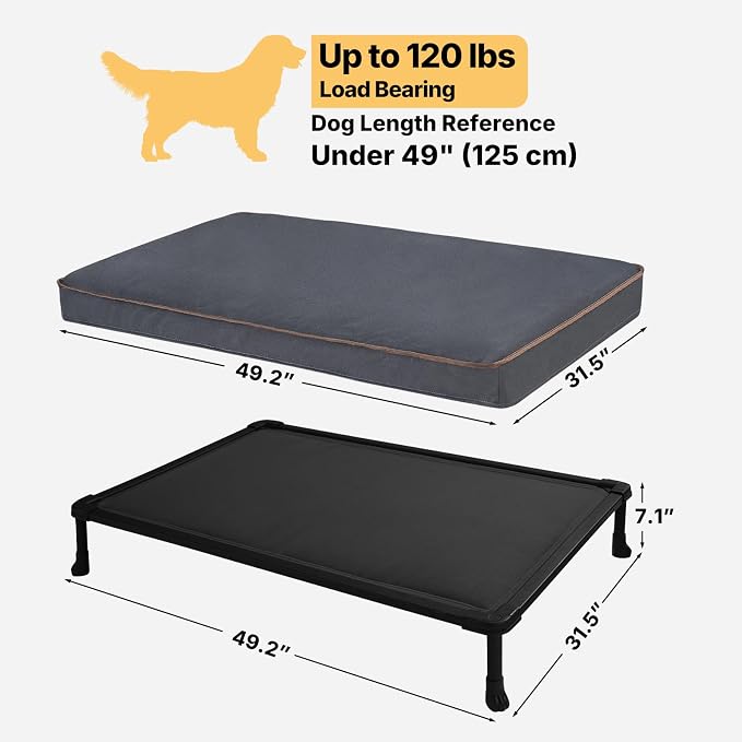 Veehoo Chew Proof Dog Bed, Orthopedic Elevated Dog Bed with Padded Cover | Washable Indestructible Raised Dog Cot for Indoor & Outdoor, Large Dog Bed with Non-Slip Feet, 49" x 32", Dark Grey