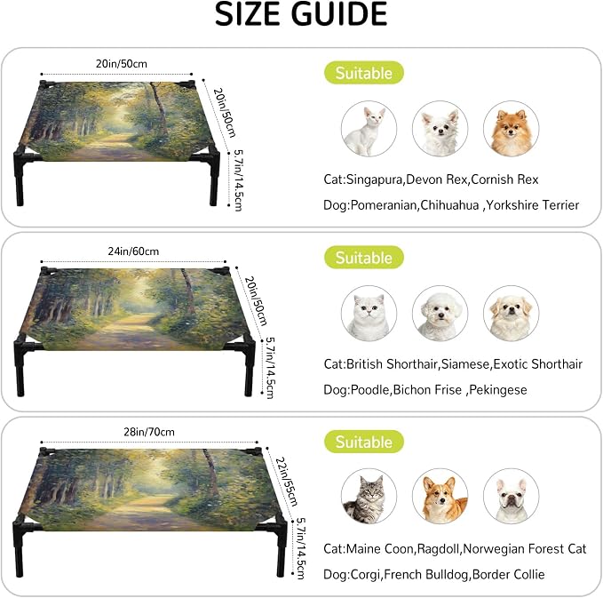 Outdoor Elevated Dog Bed for Small Dogs, Farmhouse Forest Breathable Cooling Raised Dog Cot for Indoor/Outdoor, Pastoral Country Sun Light Trees Waterproof Elevated Pet Beds, S 20 x 20 in
