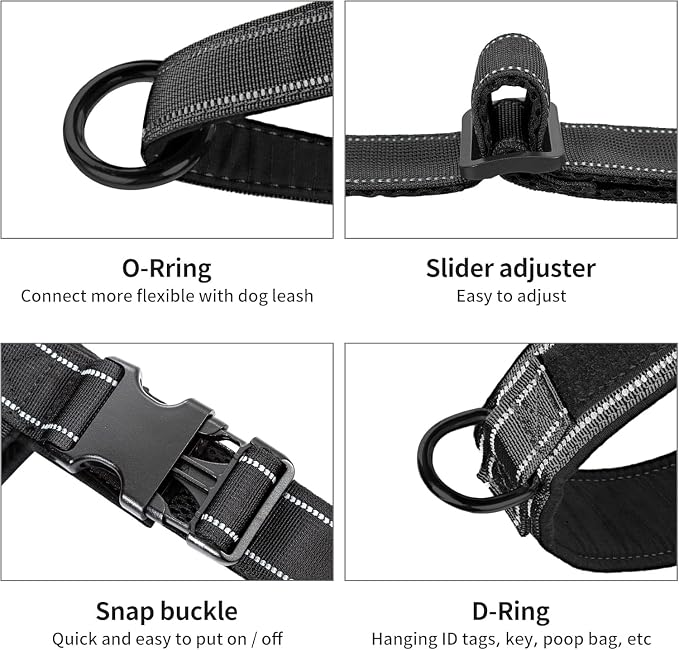 Annchwool No Pull Dog Harness with Padded Handle+5 Ft Leash,Reflective Strip Escape Proof and Quick Fit to Adjust Dog Harness,Easy for Training Walking for Small & Medium and Large Dogs(Black-Set,XL)
