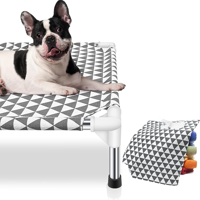 Kuntrust Elevated Outdoor Dog Bed for Small Pets，Fits up to 50lbs | Breathable Fabric, Dual-Layer Cotton, Stainless Steel Frame, Anti-Slip Feet