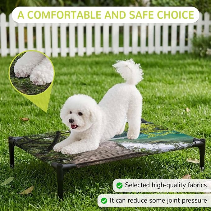 Outdoor Elevated Dog Bed for Large Dogs, Nature Scenery Breathable Cooling Raised Dog Cot for Indoor/Outdoor, Forest Walkway Lake Trees Spring View Waterproof Elevated Pet Beds, L 28 x 22 in