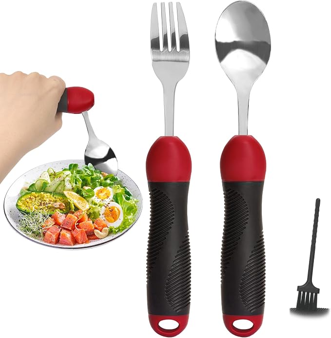 Adaptive Utensils Weighted Spoon Fork Set for Hand Tremors, Parkinson's & Arthritis | Non-Slip Grip Aid for Elderly, Disabled Adults, Weak Hand Support, Handicapped-Friendly, Travel-Ready Eating Utensils