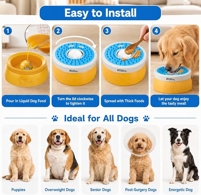 KILIN Dog Lick Bowl Slow Feeder - Non-Spill Dog Enrichment Toys, Lick and Roll Bowl 1 Cup/8 FL OZ, for Dogs with Bone Broth, Yogurt and Wet Puppy Treat, Interactive Licking Ball for Dogs with Anxiety