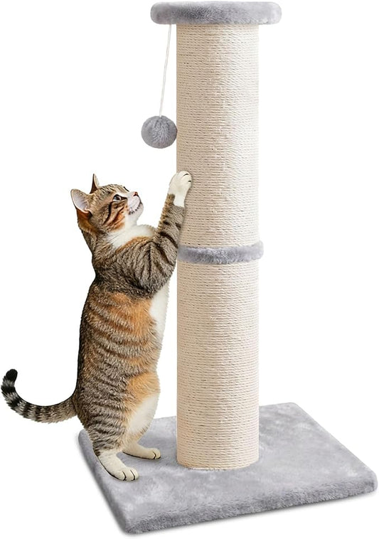 PAWSCRAT Cat Scratching Post 32" Tall, 5-Inch Diameter Natural Sisal Cat Scratch Post with Dangling Ball for Indoor Cats, Scratch-Resistant Durable and Protect Your Furniture, LightGrey
