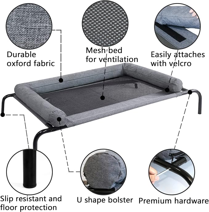 PETIME Cooling Elevated Pet Cushion Bed Raised Dog Cot for Small Dogs, Portable Indoor & Outdoor Pet Hammock, Frame with Breathable Mesh and Removable Bolsters (48 Inch)