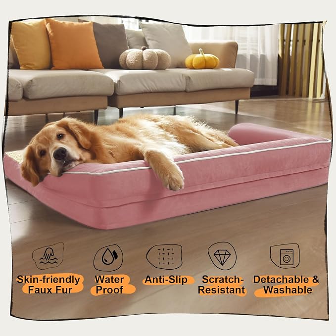 Orthopedic Waterproof Dog Bed with Bolster for Extra Large Size Dogs | Pillow Support for Neck Relief, Egg Crate Foam, Waterproof Liner, Anti-Slip Bottom, Removable Bolster Cover, 48 x 33 Inch