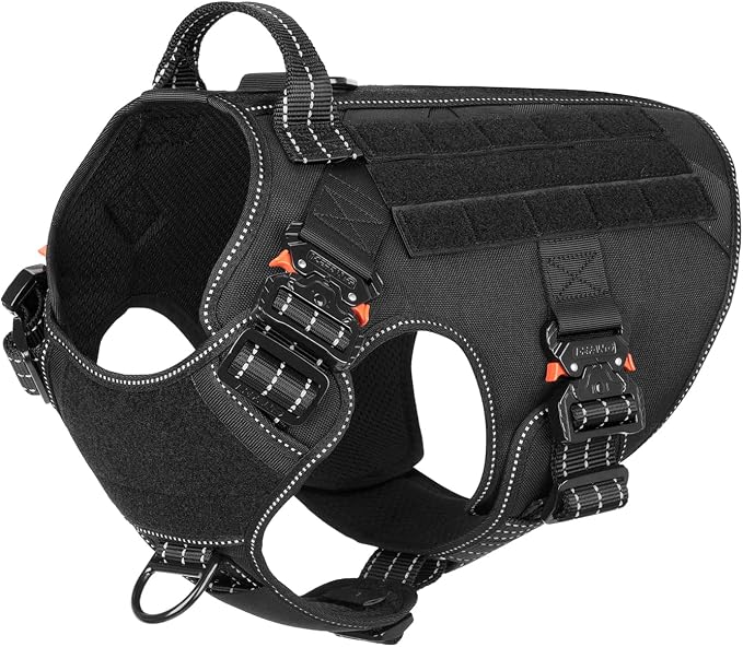 ICEFANG Tactical Dog Harness for Large Dogs,Full Metal Buckles Dog Vest | with MOLLE, Reflective,Adjustable,2 Leash Clips,Control Handle,No Pull,Soft Padded,Black,Large