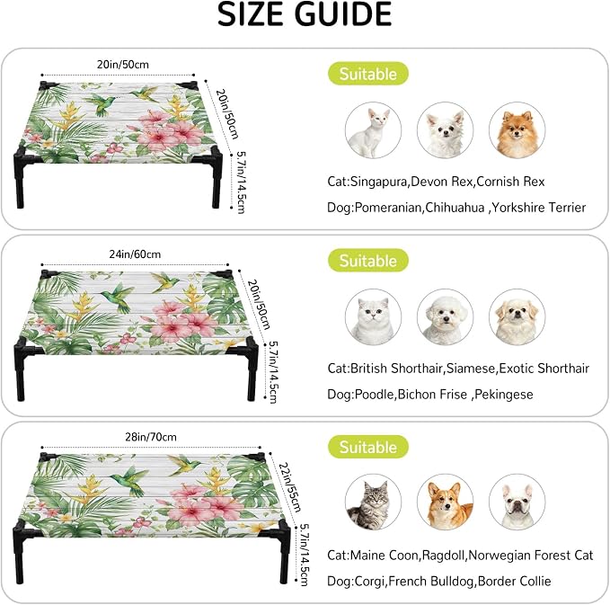 Outdoor Elevated Dog Bed for Medium Dogs, Summer Hummingbirds Breathable Cooling Raised Dog Cot for Indoor/Outdoor, Farmhouse Floral Palm Leaves Wooden Waterproof Elevated Pet Beds, M 24 x 20 in
