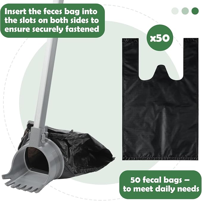 Dog Pooper Scooper with Bag Attachment 30" Pole Small to Large Dogs Heavy Duty Pooper Scooper with 50 Refill Bags Handle Long for Yard Waste Cleanup on Yard Grass One Hand Use