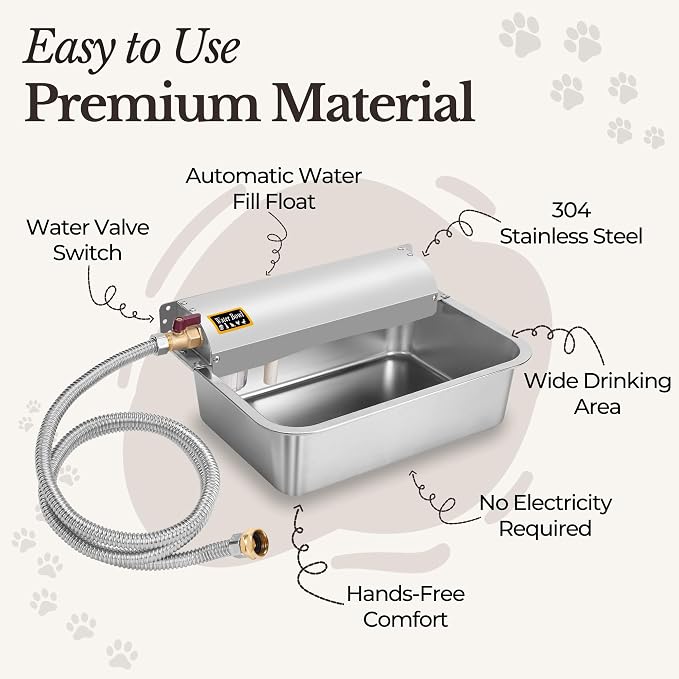 Automatic Pet Water Dispenser - 304 Stainless Steel Auto-Fill Water Bowl for Dogs - Poultry & Livestock - Float Water Level Control - 3/4" GHT Faucet Compatible - Wall Mount/Ground Usage
