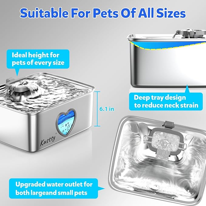 Kastty 15L/4Gal Dog Water Fountain, Stainless Steel Pet Water Bowl Dispenser with Visual Window, Automatic Dual-Color LED, 5-Stage Filtration, Ultra Quiet, for Large Medium Dogs & Multi-pet, FS80