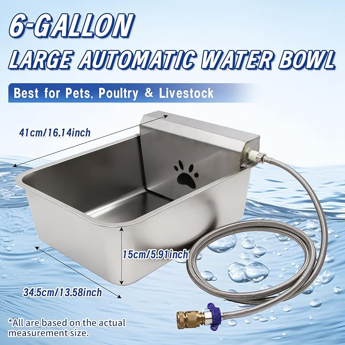 6 Gal Automatic Large Dog Water Dispenser Livestock Water Trough Stainless Steel Waterer Feeder Outdoor Automatic Pet Water Bowl Large Auto Dog Waterer for Big Dogs Cats Chicken Livestock